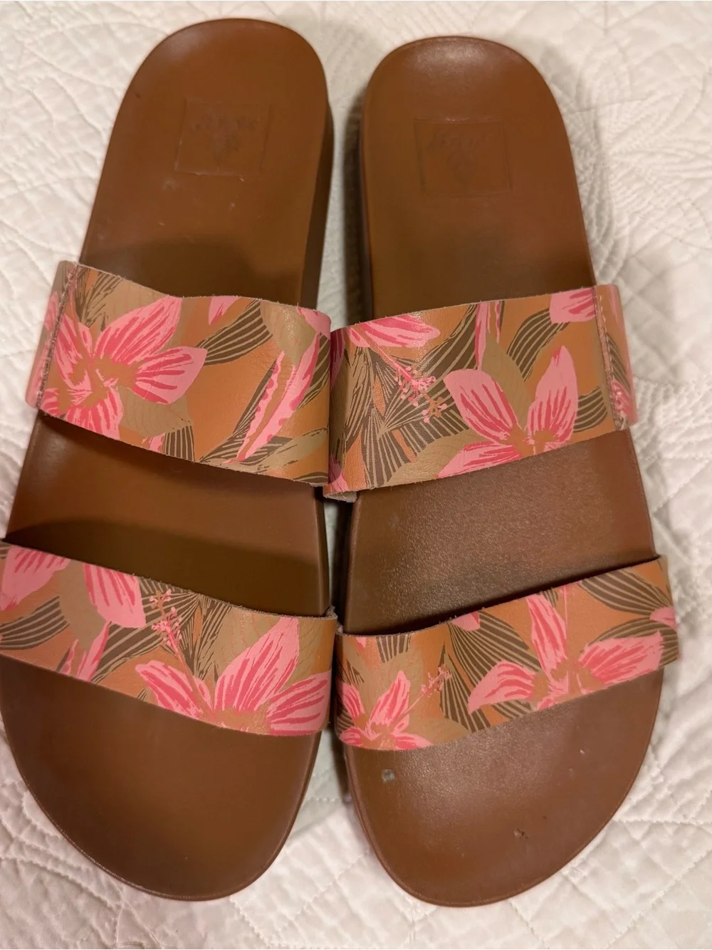 Reef Floral Pink Brown Double-Strap Slide Sandals